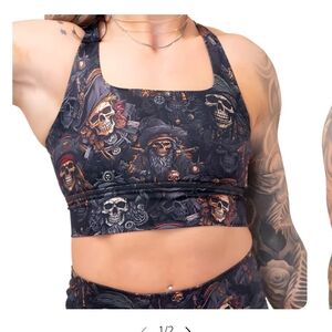 Skull Print Halter Top CVG Longline Sport Lounge Bra  Pirates Booty Xl
